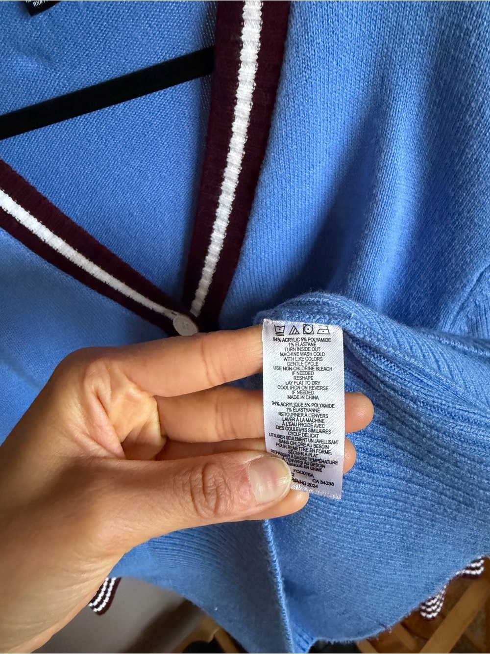 French Connection Blue Cardigan with Maroon and White Trim - Picture 5 of 6